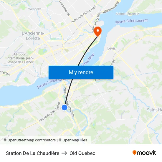 Station De La Chaudière to Old Quebec map