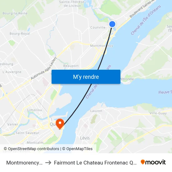 Montmorency Falls to Fairmont Le Chateau Frontenac Quebec City map