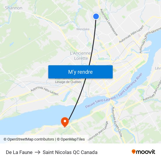 De La Faune to Saint Nicolas QC Canada map