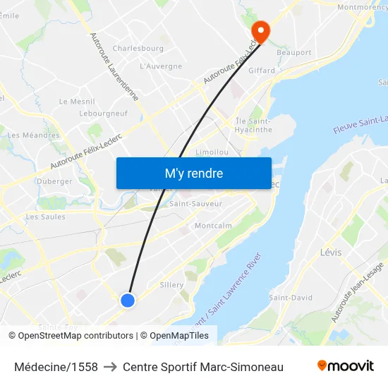Médecine/1558 to Centre Sportif Marc-Simoneau map