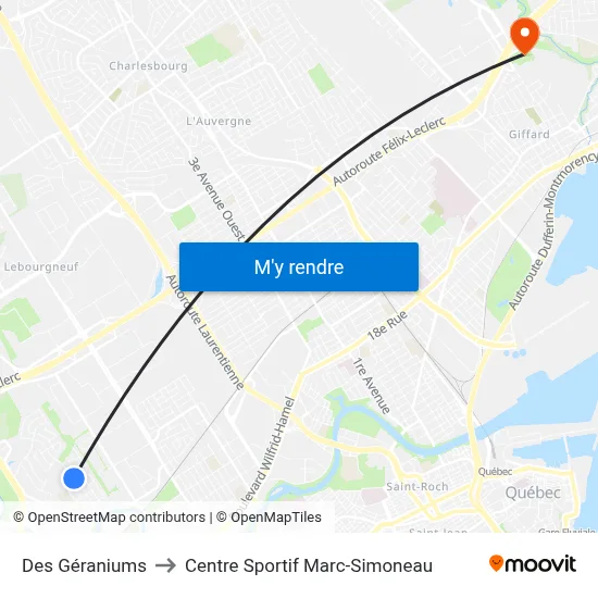 Des Géraniums to Centre Sportif Marc-Simoneau map