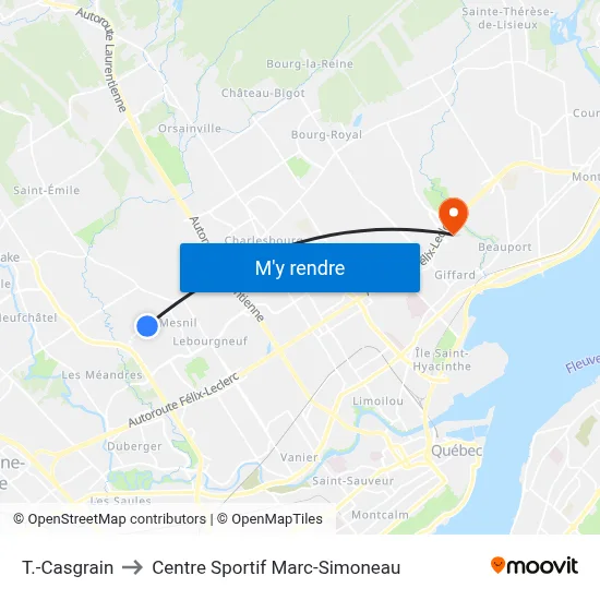 T.-Casgrain to Centre Sportif Marc-Simoneau map
