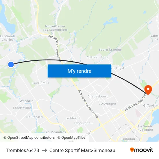 Trembles/6473 to Centre Sportif Marc-Simoneau map