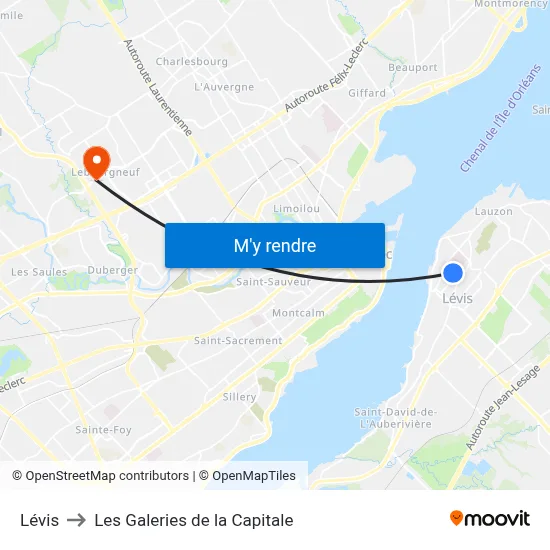 Lévis to Les Galeries de la Capitale map