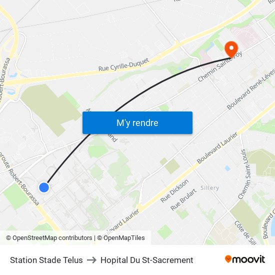 Station Stade Telus to Hopital Du St-Sacrement map