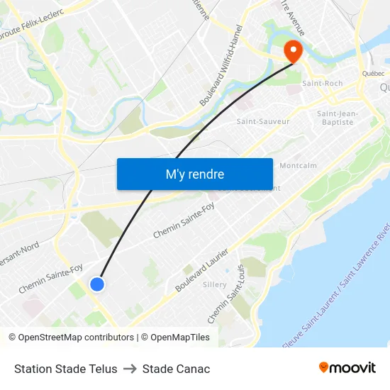 Station Stade Telus to Stade Canac map