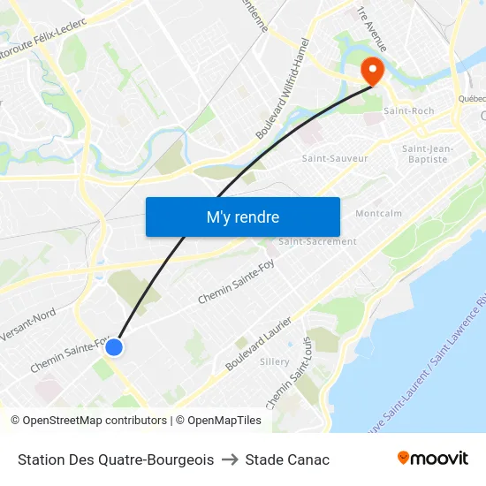 Station Des Quatre-Bourgeois to Stade Canac map