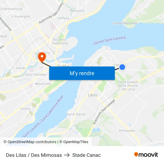 Des Lilas / Des Mimosas to Stade Canac map