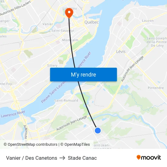 Vanier / Des Canetons to Stade Canac map