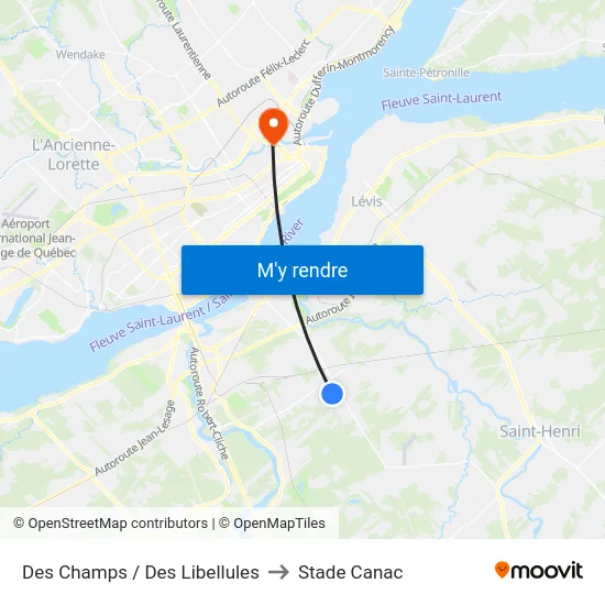 Des Champs / Des Libellules to Stade Canac map