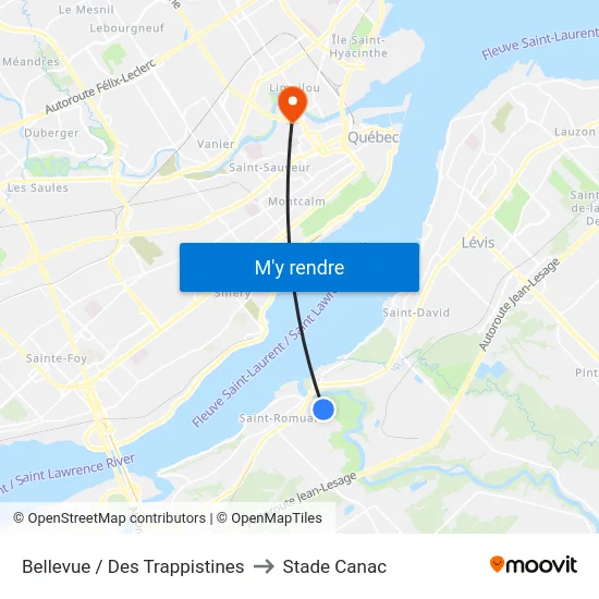 Bellevue / Des Trappistines to Stade Canac map