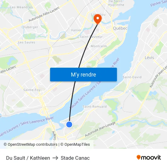 Du Sault / Du Cran to Stade Canac map