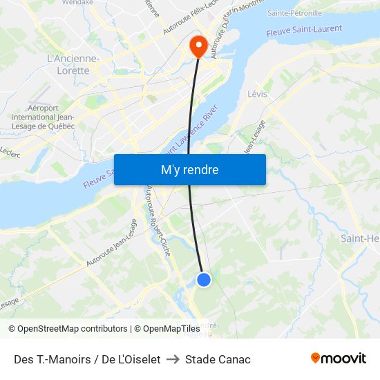 Des T.-Manoirs / De L'Oiselet to Stade Canac map