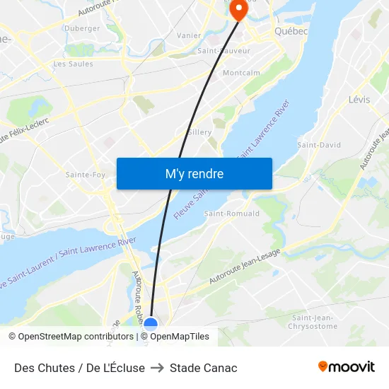 Des Chutes / De L'Écluse to Stade Canac map