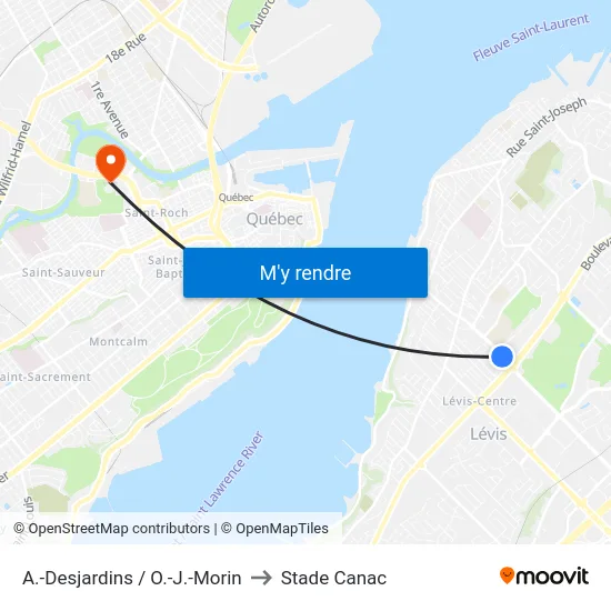 A.-Desjardins / O.-J.-Morin to Stade Canac map