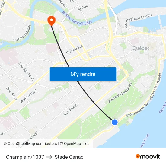 Champlain/1007 to Stade Canac map