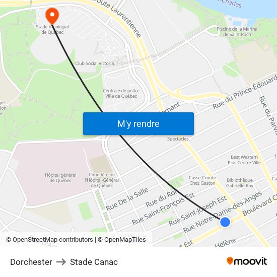 Dorchester to Stade Canac map