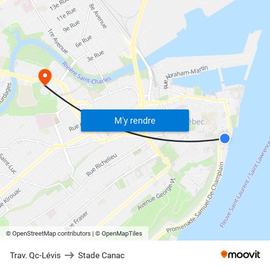 Trav. Qc-Lévis to Stade Canac map