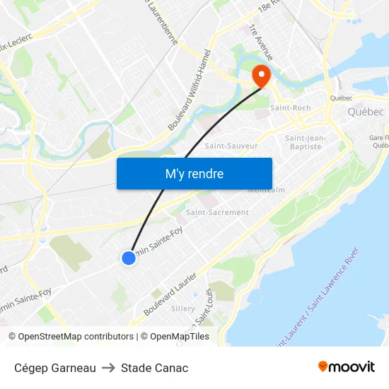 Cégep Garneau to Stade Canac map