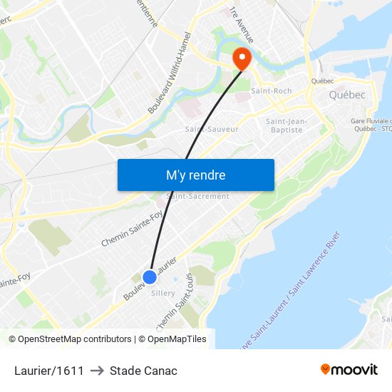 Laurier/1611 to Stade Canac map