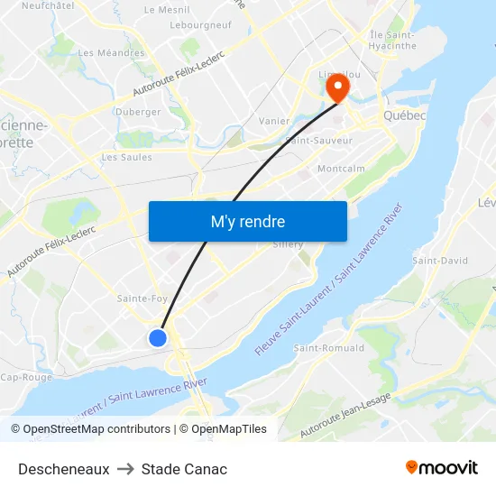 Descheneaux to Stade Canac map