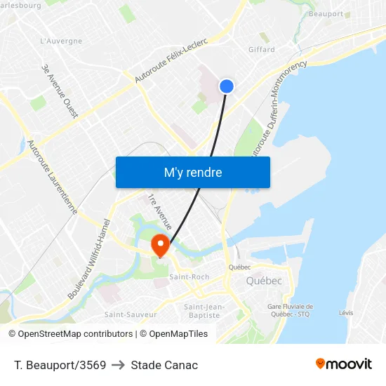 T. Beauport/3569 to Stade Canac map