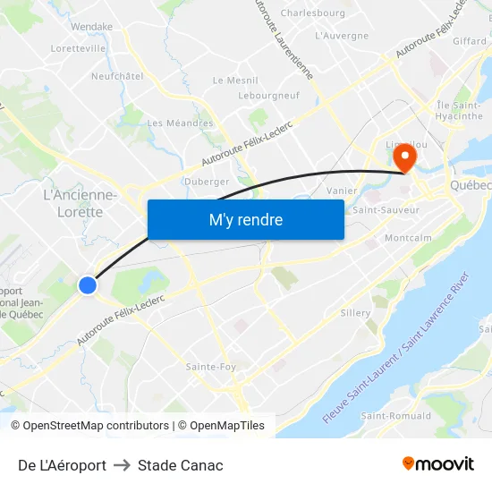 De L'Aéroport to Stade Canac map