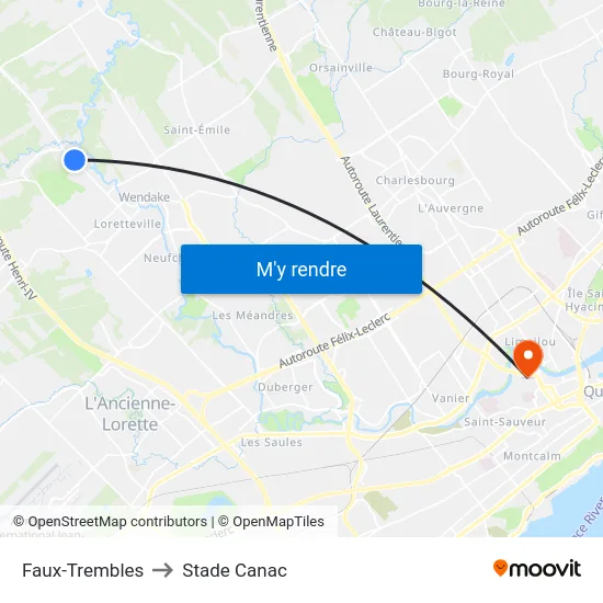 Faux-Trembles to Stade Canac map