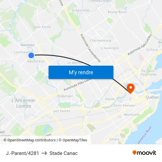 J.-Parent/4281 to Stade Canac map