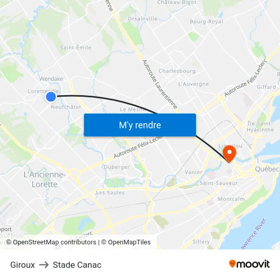 Giroux to Stade Canac map