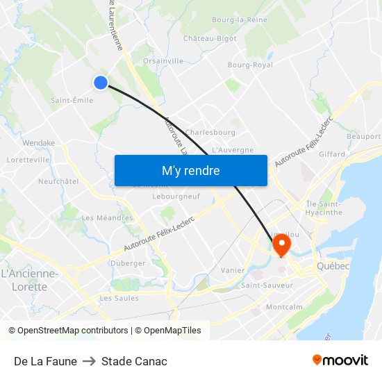 De La Faune to Stade Canac map