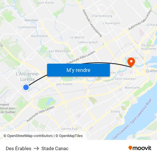 Des Érables to Stade Canac map