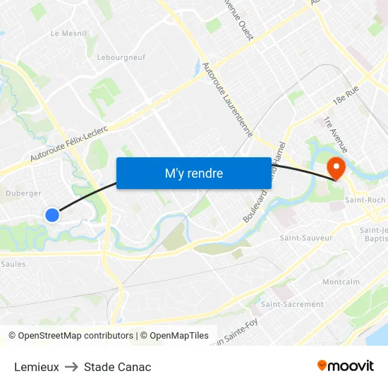 Lemieux to Stade Canac map
