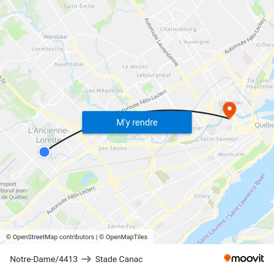 Notre-Dame/4413 to Stade Canac map