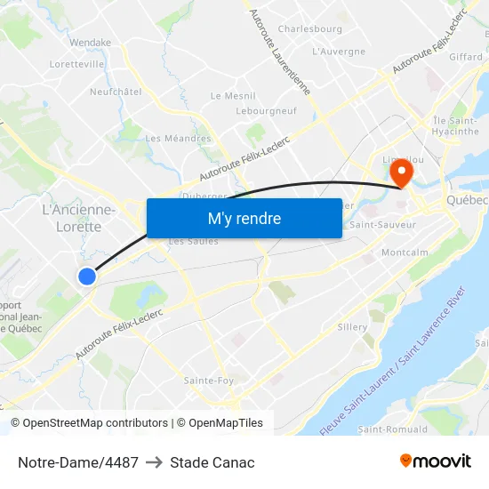 Notre-Dame/4487 to Stade Canac map