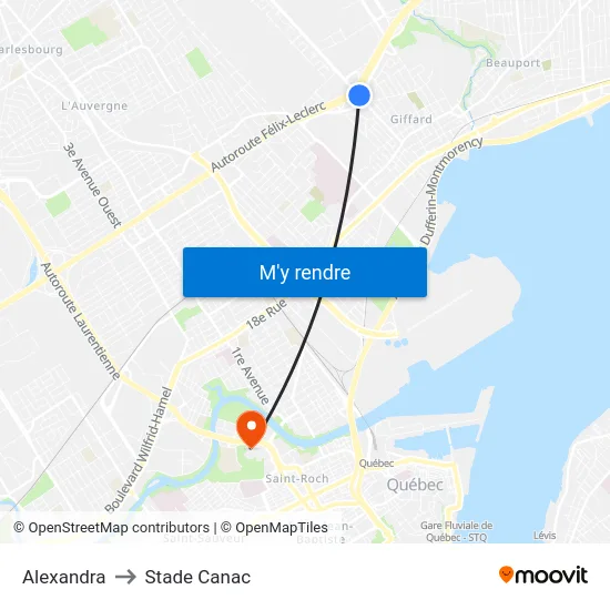 Alexandra to Stade Canac map
