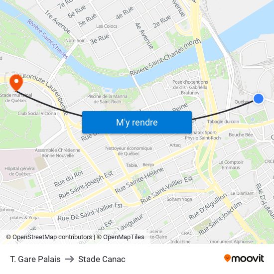 T. Gare Palais to Stade Canac map