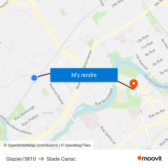 Glazier/5810 to Stade Canac map