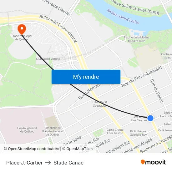 Place-J.-Cartier to Stade Canac map