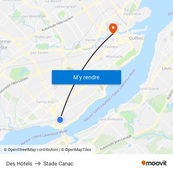 Des Hôtels to Stade Canac map
