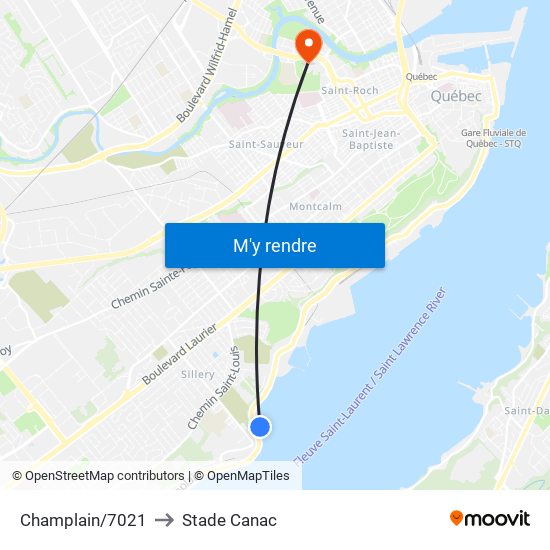 Champlain/7021 to Stade Canac map