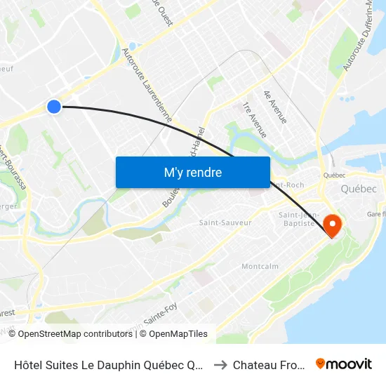 Hôtel Suites Le Dauphin Québec Quebec City to Chateau Frontena map