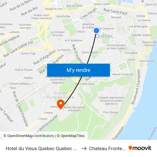 Hotel du Vieux Quebec Quebec City to Chateau Frontena map