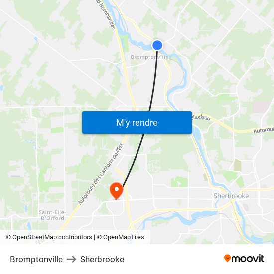 Bromptonville to Sherbrooke map