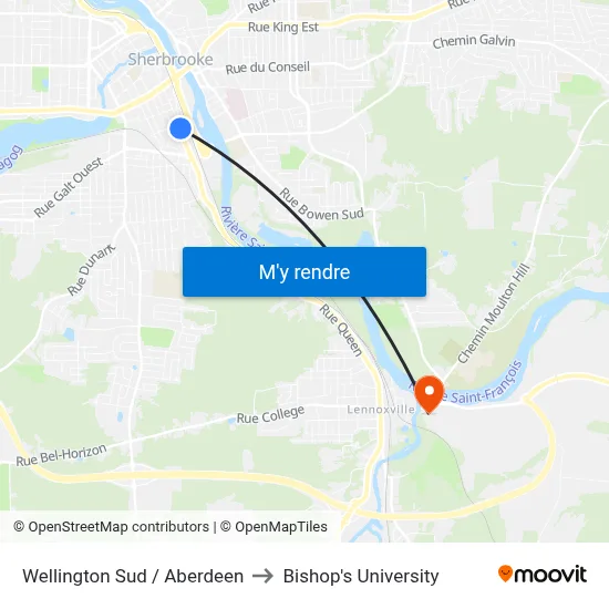 Wellington Sud / Aberdeen to Bishop's University map