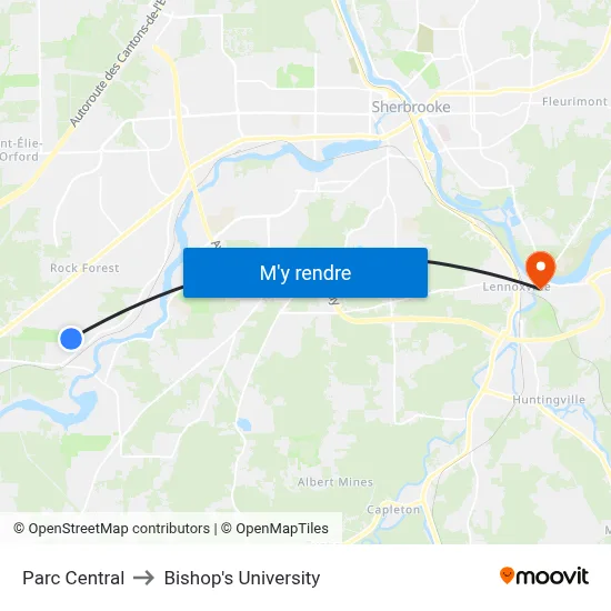 Parc Central to Bishop's University map