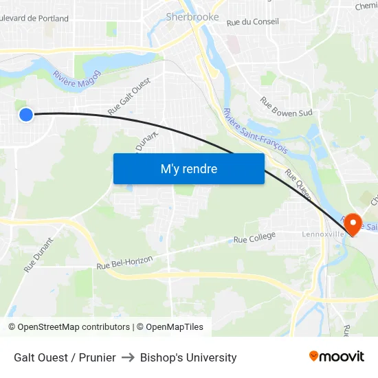 Galt Ouest / Prunier to Bishop's University map