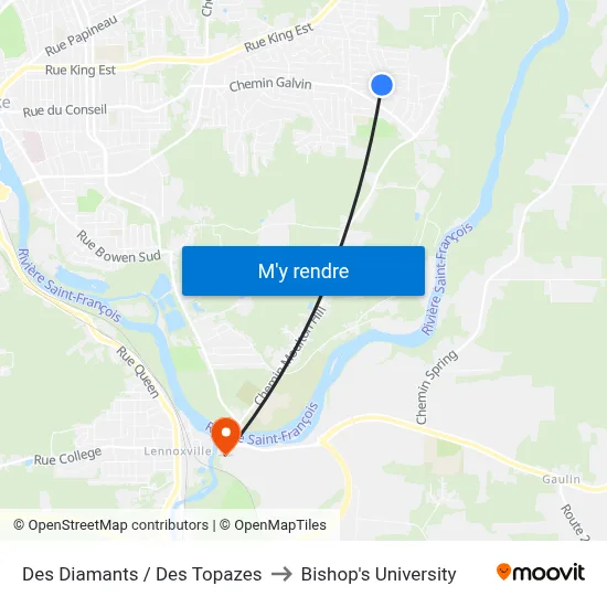 Des Diamants / Des Topazes to Bishop's University map