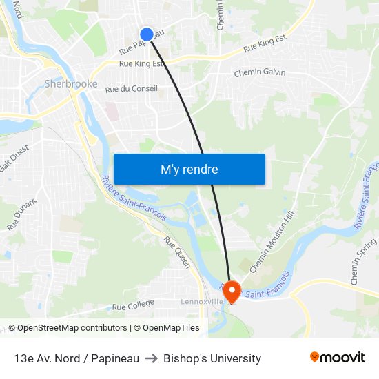 13e Av. Nord / Papineau to Bishop's University map