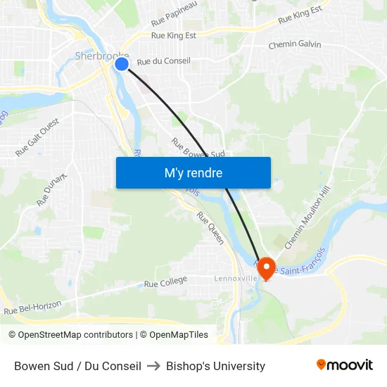 Bowen Sud / Du Conseil to Bishop's University map